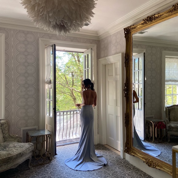 Light baby Blue high slit dress halter neck backless - Picture 11 of 12